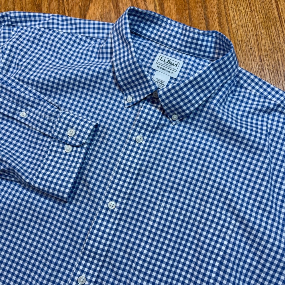 LL Bean Shirt Mens XXL Blue Gingham Traditional Fit Cotton Button Down 288292